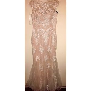 Nude with white lace overlay mermaid style dress.